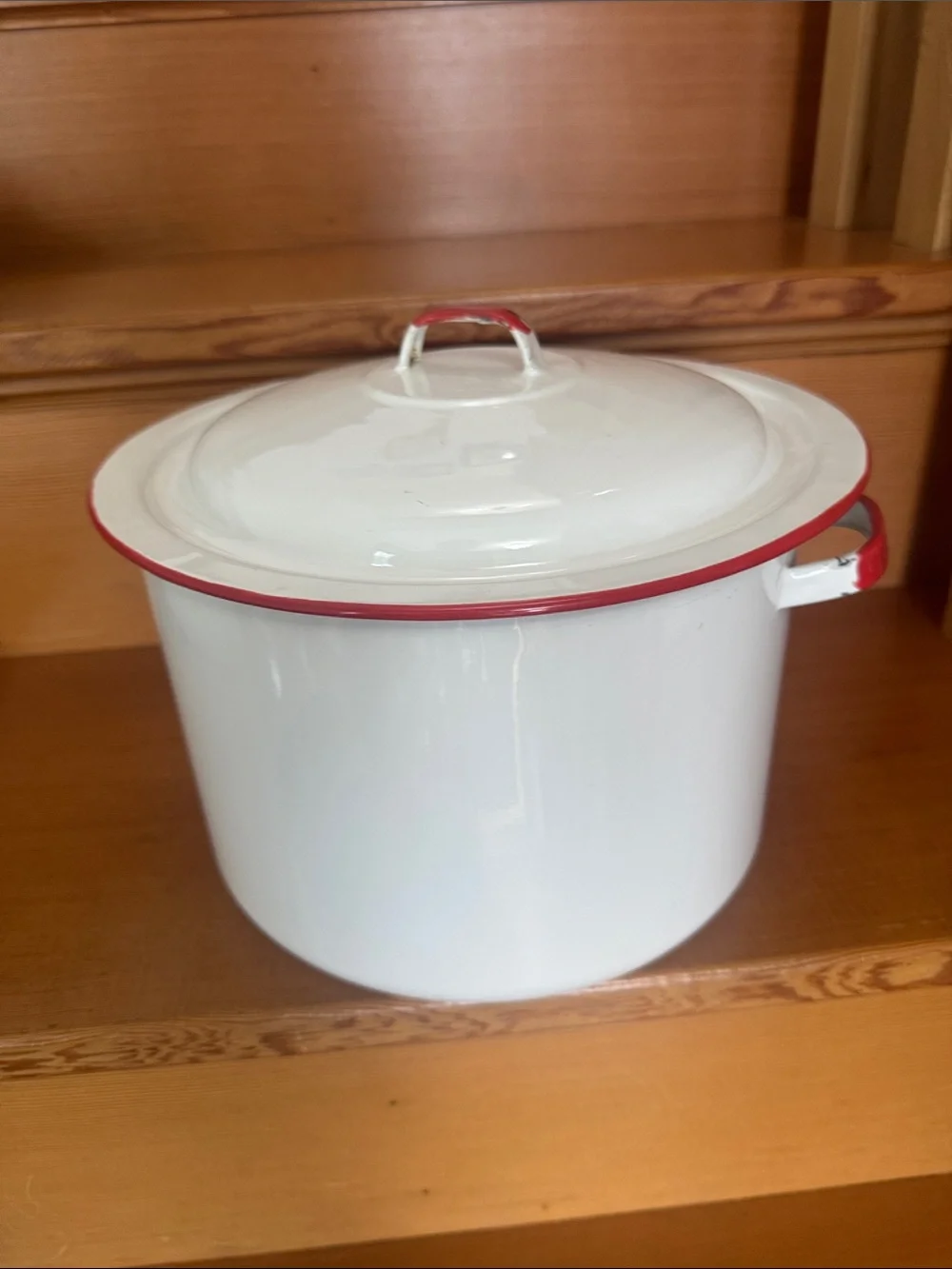 VTG Large White Enamelware Stock Pot & Lid with Red Trim